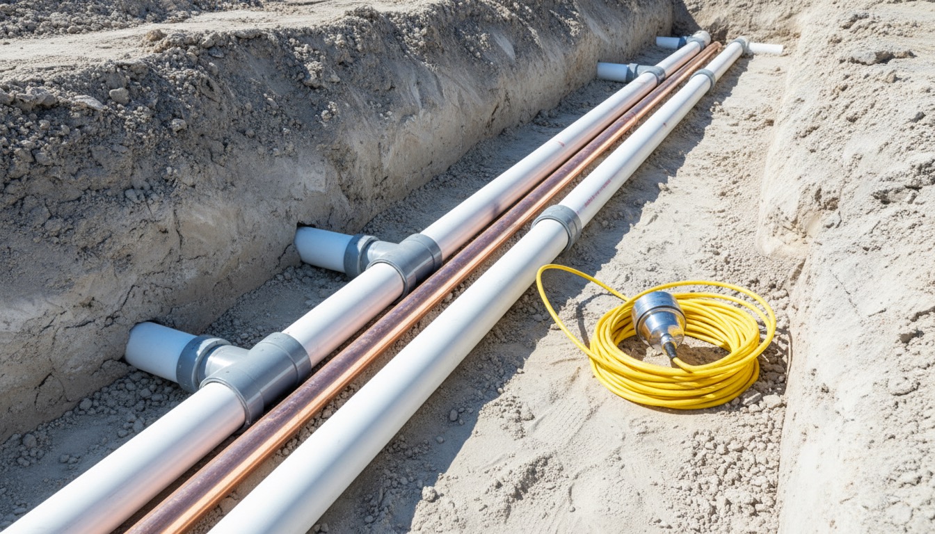 Freshly installed sewer and copper pipes in a trench